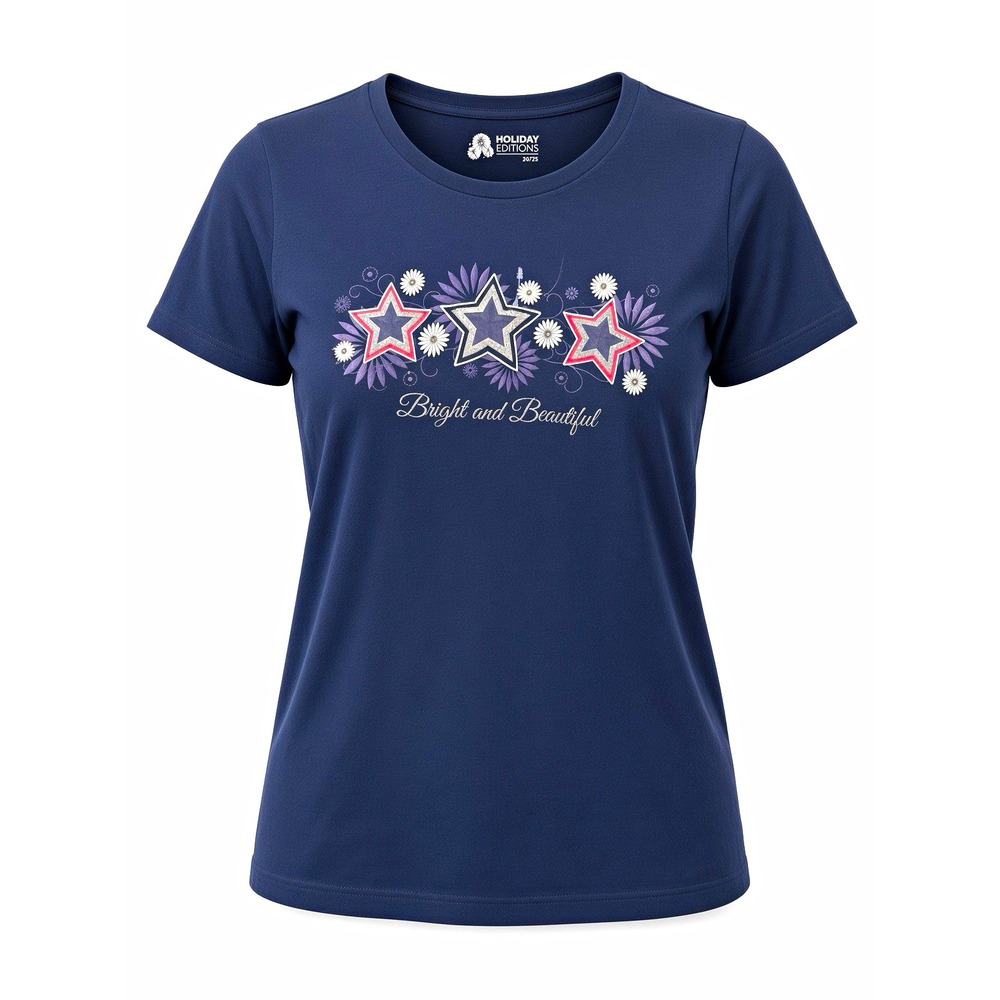Holiday Editions Women's Plus 2X Navy Bright and Beautiful Stars Graphic Tee